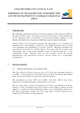 Greater Taree City Council, N.S.W. Submission to the Inquiry Into Infrastructure and the Development of Australia’S Regional Areas