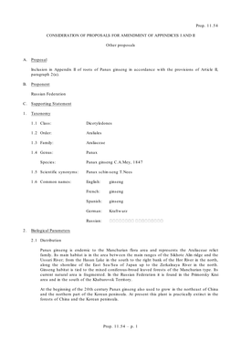 Inclusion in Appendix II of Roots of Panax Ginseng in Accordance with the Provisions of Article II, Paragraph 2(A)