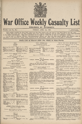 War Office Weekly Casualty List PUBLISHED by AUTHORITY