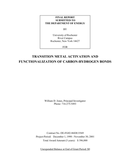 Transition Metal Activation and Functionalization of Carbon-Hydrogen Bonds