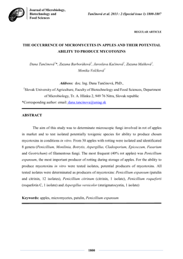 The Occurrence of Micromycetes in Apples and Their Potential Ability to Produce Mycotoxins