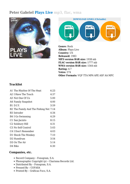 Peter Gabriel Plays Live Mp3, Flac, Wma