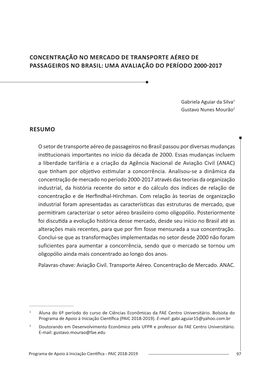 Concentração No Mercado De Transporte Aéreo De Passageiros No Brasil: Uma Avaliação Do Período 2000-2017