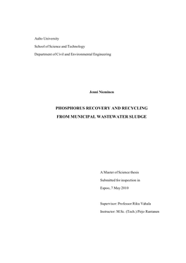 Phosphorus Recovery and Recycling from Municipal Wastewater Sludge