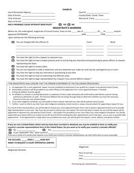 MAGISTRATE's WARNING Before Me, the Undersigned, Magistrate of Comal County, Texas on the _____ Day of ______, 20___ at ______Am/Pm