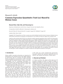 Research Article Common Expression Quantitative Trait Loci Shared by Histone Genes