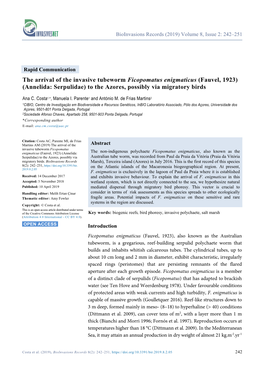 The Arrival of the Invasive Tubeworm Ficopomatus Enigmaticus (Fauvel, 1923) (Annelida: Serpulidae) to the Azores, Possibly Via Migratory Birds