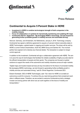 Continental to Acquire 5 Percent Stake in HERE Press Release