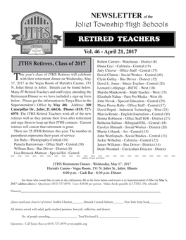 NEWSLETTER of the Joliet Township High Schools RETIRED TEACHERS