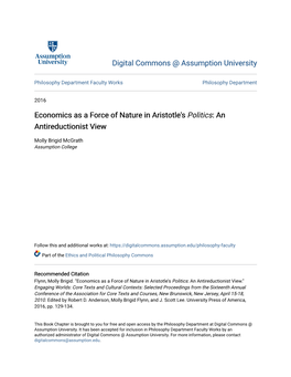 Economics As a Force of Nature in Aristotle's Politics: an Antireductionist View