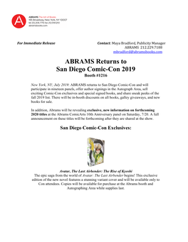 ABRAMS Returns to San Diego Comic-Con 2019 Booth #1216