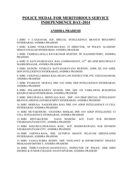 Police Medal for Meritorious Service Independence Day-2014