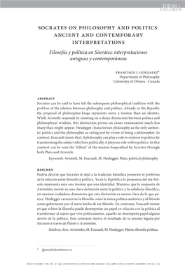 Socrates on Philosophy and Politics: Ancient and Contemporary Interpretations Filosofía Y Política En Sócrates: Interpretaciones Antiguas Y Contemporáneas