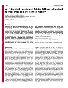 An N-Terminally Acetylated Arf-Like Gtpase Is Localised to Lysosomes and Affects Their Motility