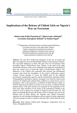 Implications of the Release of Chibok Girls on Nigeria's War on Terrorism