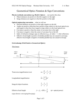 Geometrical Optics Notation & Sign Conventions