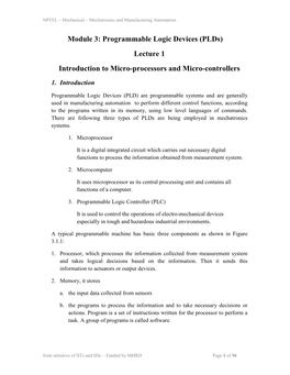 Programmable Logic Devices (Plds) Lecture 1 Introduction to Micro-Processors and Micro-Controllers