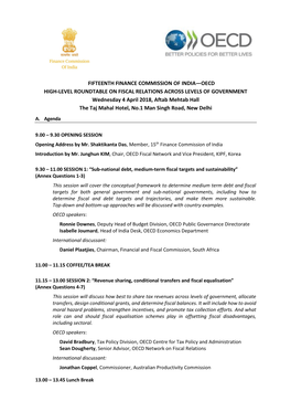 FIFTEENTH FINANCE COMMISSION of INDIA—OECD HIGH-LEVEL ROUNDTABLE on FISCAL RELATIONS ACROSS LEVELS of GOVERNMENT Wednesday 4