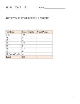 M 140 Test 2 a Name___SHOW YOUR WORK for FULL CREDIT! Problem Max. Points Your Points 1-10 10 11 5 12 4 13 1