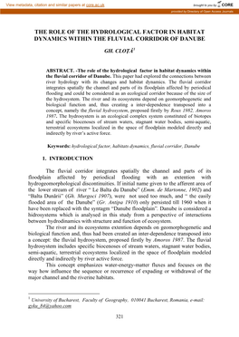 The Role of the Hydrological Factor in Habitat Dynamics Within the Fluvial Corridor of Danube