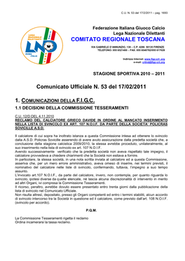 Comunicato Ufficiale N. 53 Del 17/02/2011 COMITATO