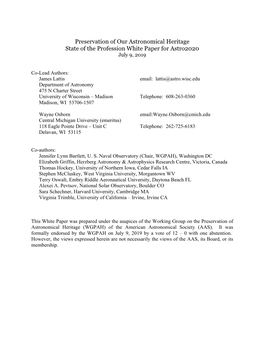 Preservation of Our Astronomical Heritage State of the Profession White Paper for Astro2020 July 9, 2019