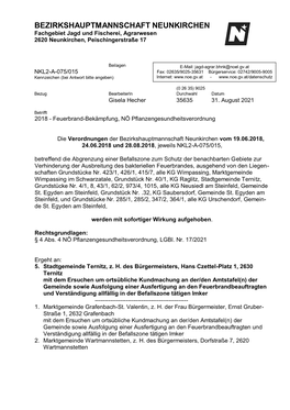 BEZIRKSHAUPTMANNSCHAFT NEUNKIRCHEN Fachgebiet Jagd Und Fischerei, Agrarwesen 2620 Neunkirchen, Peischingerstraße 17