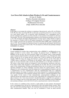 1 Introduction Current Standards for Wireless Data Communications Such As IEEE802.11 and Bluetooth Are Easy Targets of Denial of Service Attacks