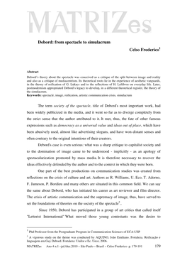 Debord: from Spectacle to Simulacrum Celso Frederico 1