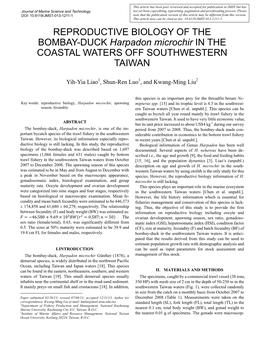 REPRODUCTIVE BIOLOGY of the BOMBAY-DUCK Harpadon Microchir in the COASTAL WATERS OFF SOUTHWESTERN TAIWAN