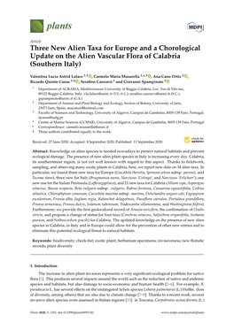 Three New Alien Taxa for Europe and a Chorological Update on the Alien Vascular Flora of Calabria (Southern Italy)