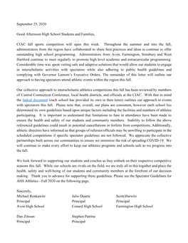 September 25, 2020 Good Afternoon High School Students and Families, CIAC Fall Sports Competition Will Open This Week. Throughou
