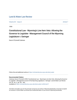 Wyoming's Line Item Veto: Allowing the Governor to Legislate - Management Council of the Wyoming Legislature V