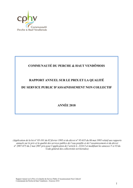 Communauté Du Perche & Haut Vendômois Rapport Annuel Sur Le Prix Et La Qualité Du Service Public D'assainissement Non C