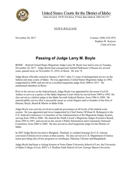 Passing of the Honorable Larry M. Boyle