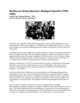 Beethoven String Quartets--Budapest Quartet (1940- 1950) Added to the National Registry: 2003 Essay by David W