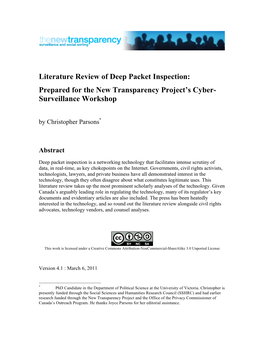 Literature Review of Deep Packet Inspection: Prepared for the New Transparency Project’S Cyber- Surveillance Workshop