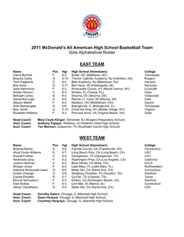 2011 Mcdonald's All American High School Basketball Team Girls