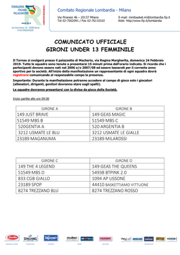 Comunicato Ufficiale Gironi Under 13 Femminile