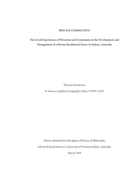 The Lived Experiences of Privatism and Community in the Development and Management of a Private Residential Estate in Sydney, Australia