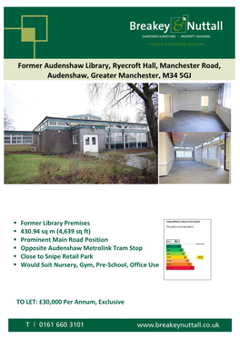 Former Audenshaw Library, Ryecroft Hall, Manchester Road, Audenshaw, Greater Manchester, M34 5GJ