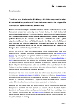 Tradition Und Moderne Im Einklang – Lichtlösung Von Christian Ploderer in Kooperation Mit Zumtobel Unterstreicht Die Zeitgemäße Architektur Der Neuen Post Am Rochus