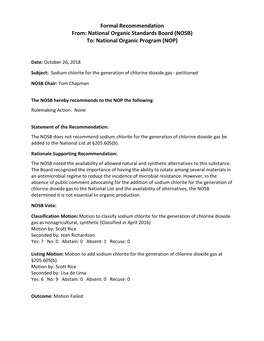 Sodium Chlorite for the Generation of Chlorine Dioxide Gas - Petitioned