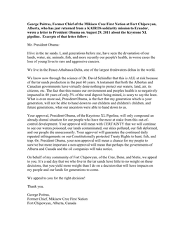 KAIROS Partners George Poitras and Nobel Laureates Desmond Tutu and Adolfo Perez Esquival Letters to President Obama in Opposi