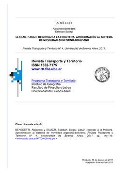 Llegar, Pasar, Regresar a La Frontera. Aproximación Al Sistema De Movilidad Argentino-Boliviano