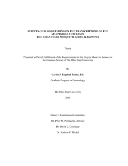 EFFECTS of BLOOD FEEDING on the TRANSCRIPTOME of the MALPIGHIAN TUBULES in the ASIAN TIGER MOSQUITO AEDES ALBOPICTUS Thesis