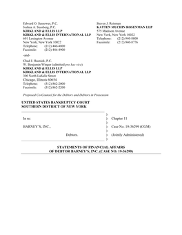 Chicago, Illinois 60654 UNITED STATES BANKRUPTCY COURT SOUTHERN DISTRICT of NEW YORK ) in Re: ) Chapter 11 ) BARNEY's, INC