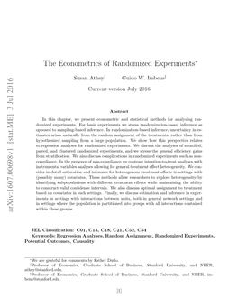 [Stat.ME] 3 Jul 2016 the Econometrics of Randomized Experiments