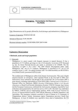 EUROPEAN COMMISSION Emergency Humanitarian Aid Decision F9 (FED9) Title: Humanitarian Aid for People Affected by Food Shortage