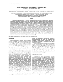 Ordinal Classification of Vegetation Along Mangla Dam, Mirpur, Ajk